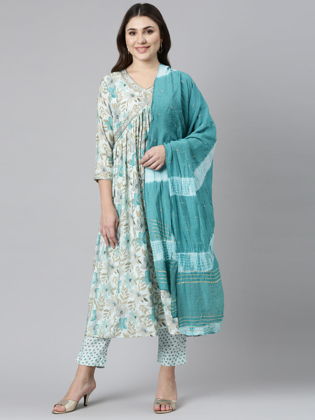 Neeru's Blue Pleated Straight Printed Readymade Suits