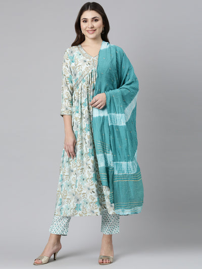 Neeru's Blue Pleated Straight Printed Readymade Suits