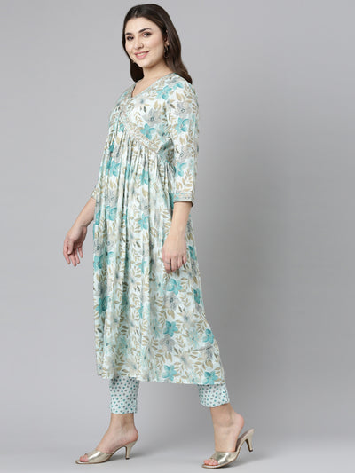 Neeru's Blue Pleated Straight Printed Readymade Suits
