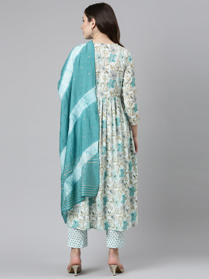 Neerus Blue printed straight kurta set with dupatta - side view
