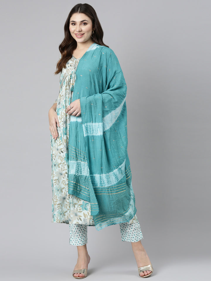 Neerus Blue printed straight kurta set with dupatta - detail view 2