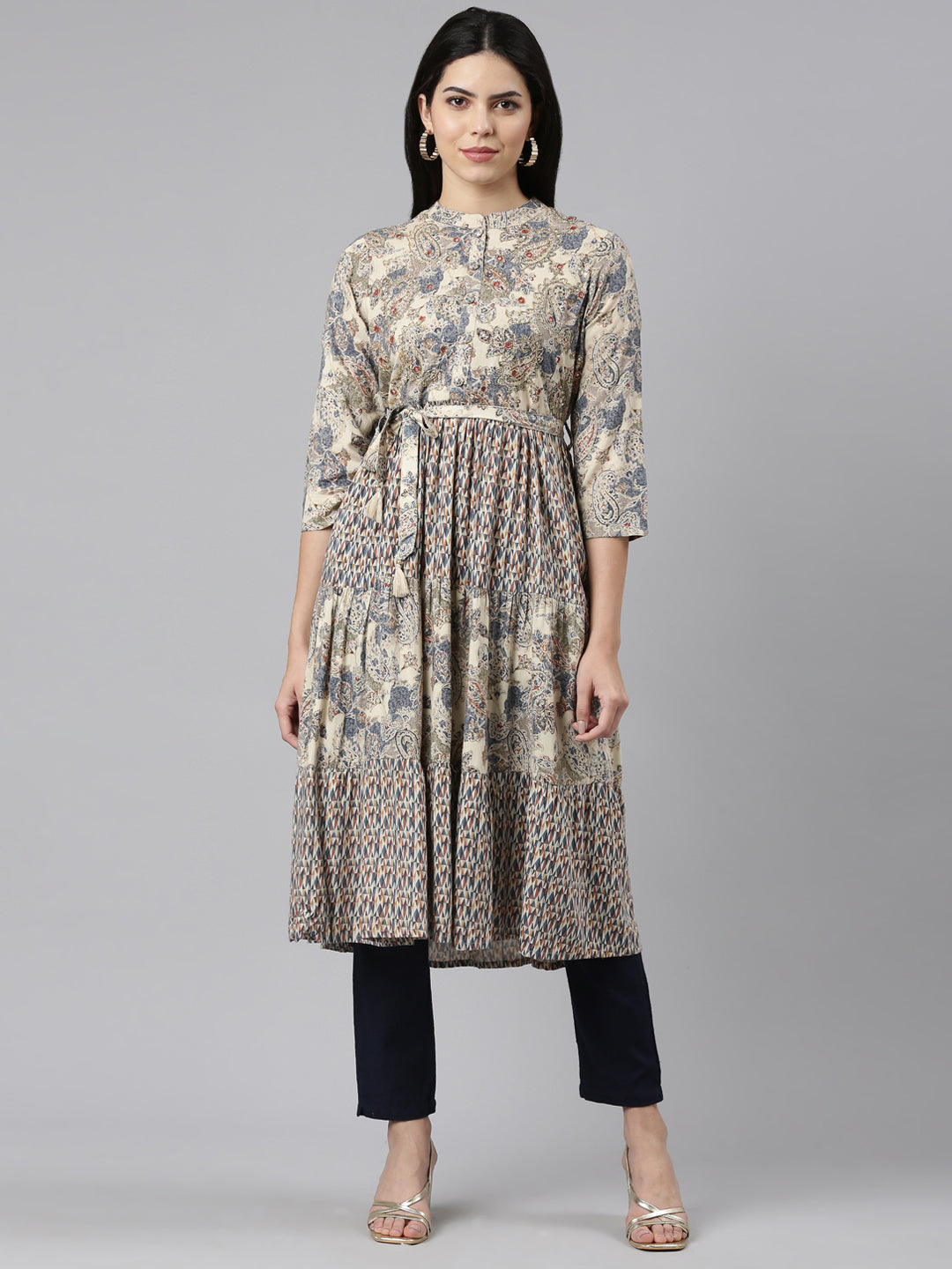 Neerus Blue Pleated Straight Printed Kurtas