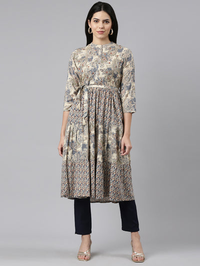 Neerus Blue Pleated Straight Printed Kurtas