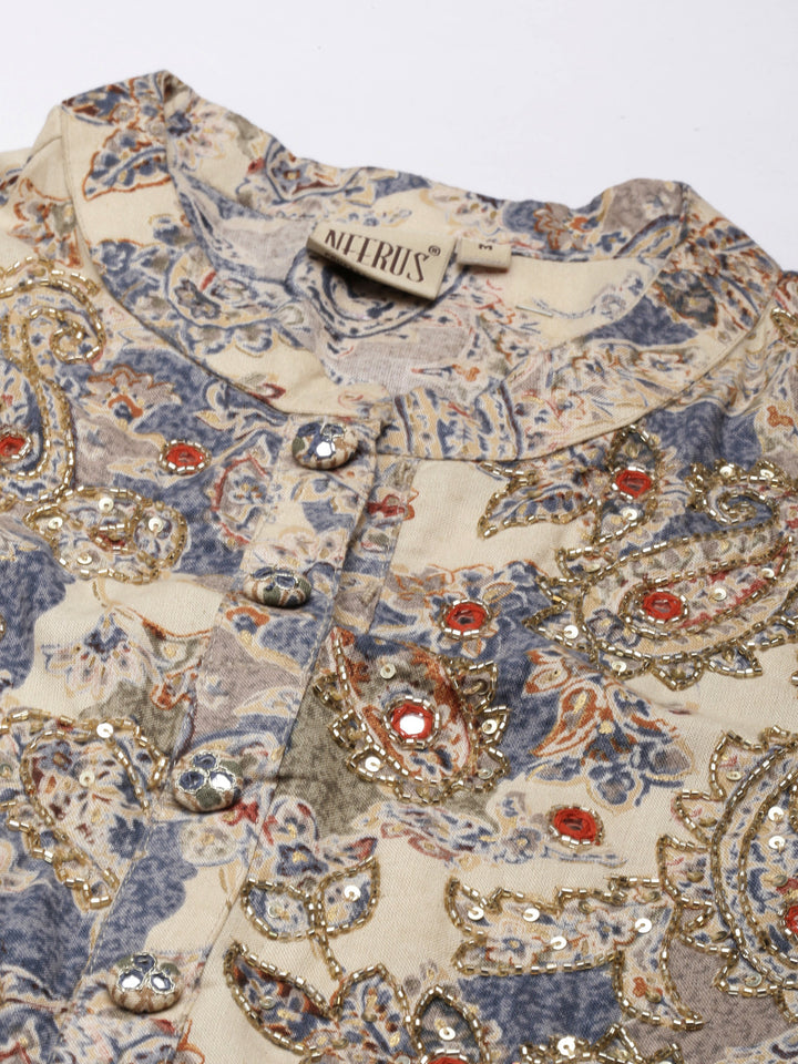 Neerus Blue Pleated Straight Printed Kurta