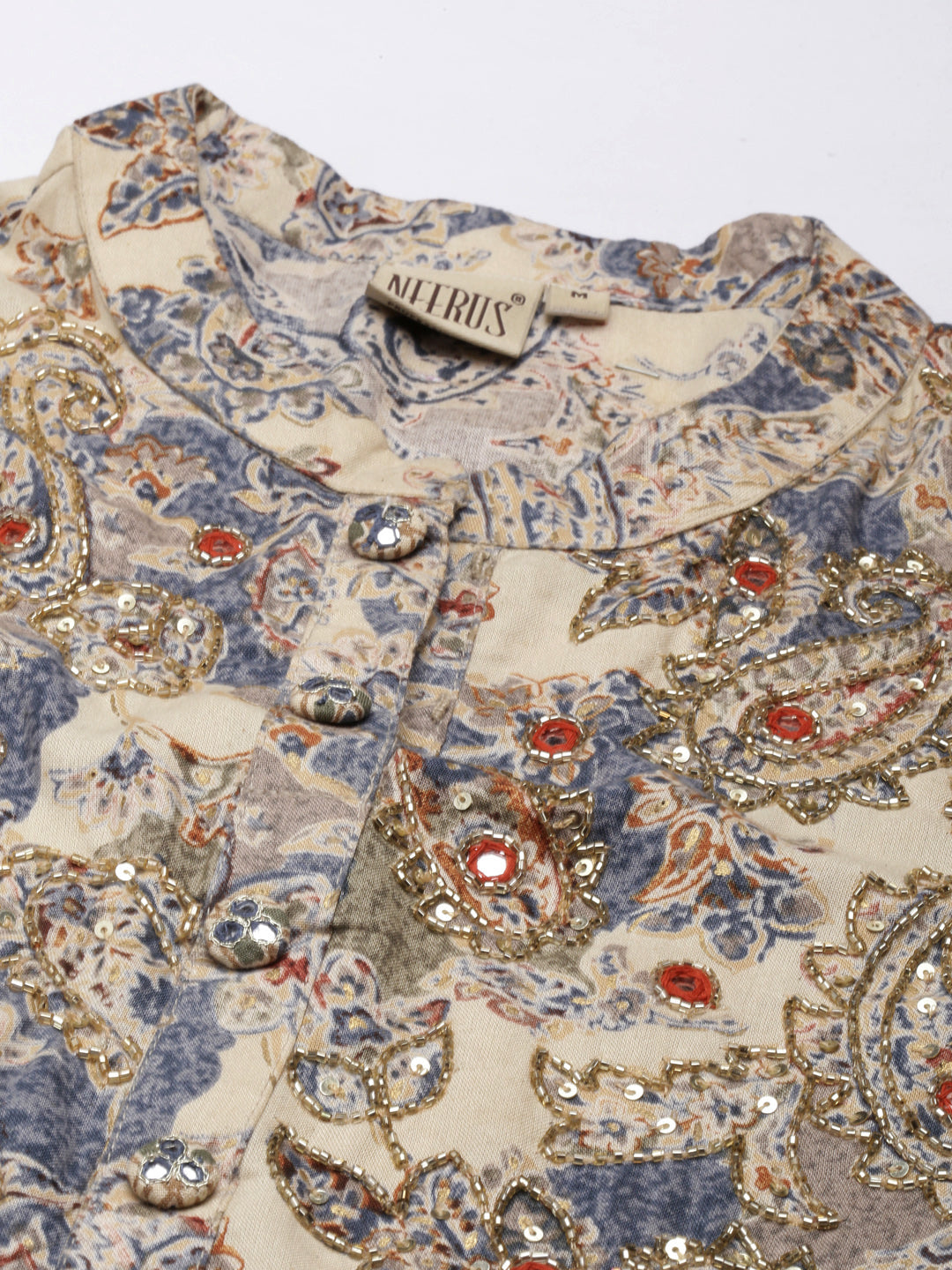 Neerus Blue Pleated Straight Printed Kurtas