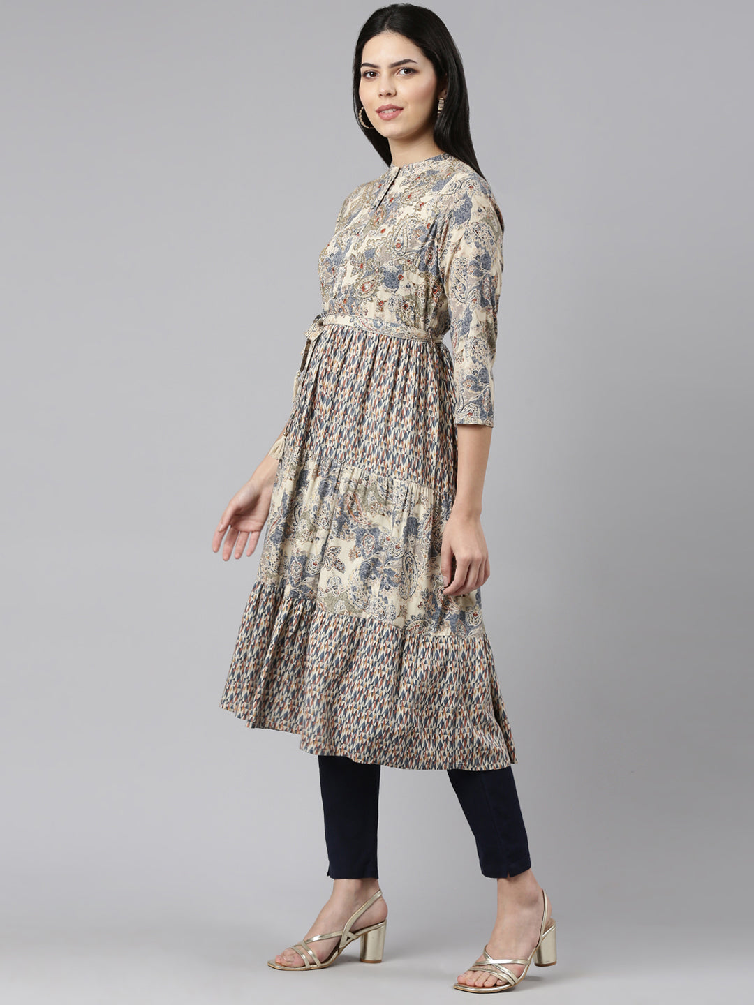 Neerus Blue Pleated Straight Printed Kurtas