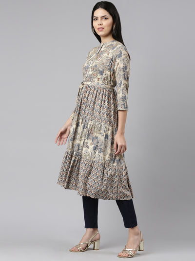Neerus Blue Pleated Straight Printed Kurtas