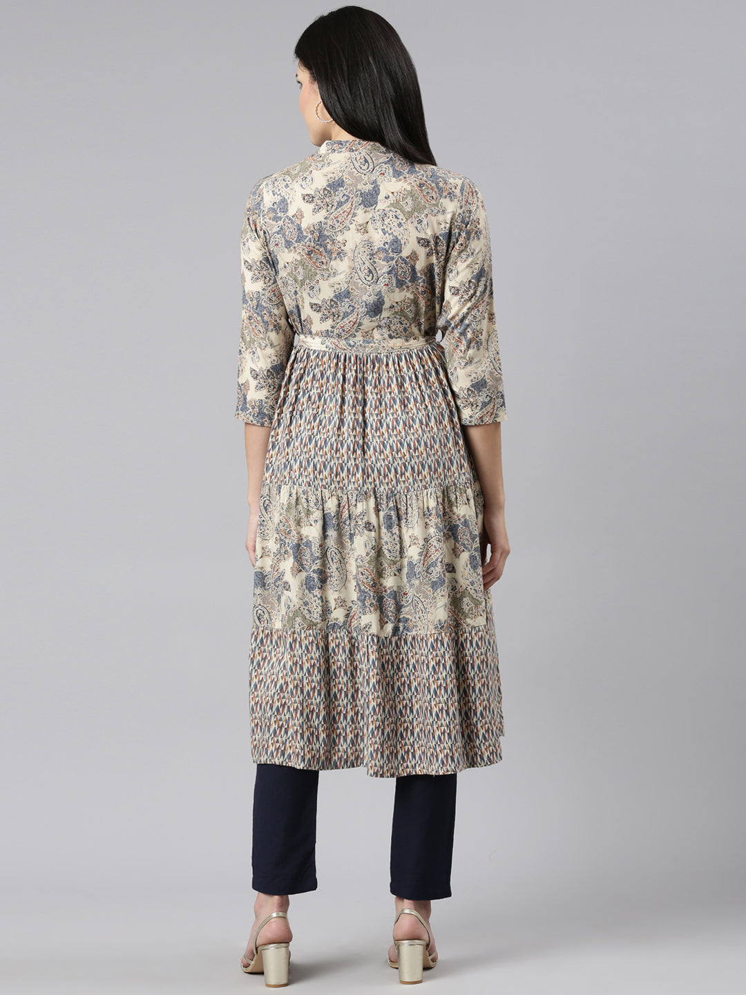 Neerus Blue Pleated Straight Printed Kurta