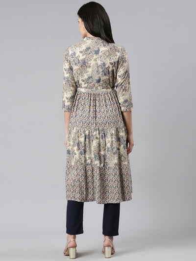 Neerus Blue Pleated Straight Printed Kurtas