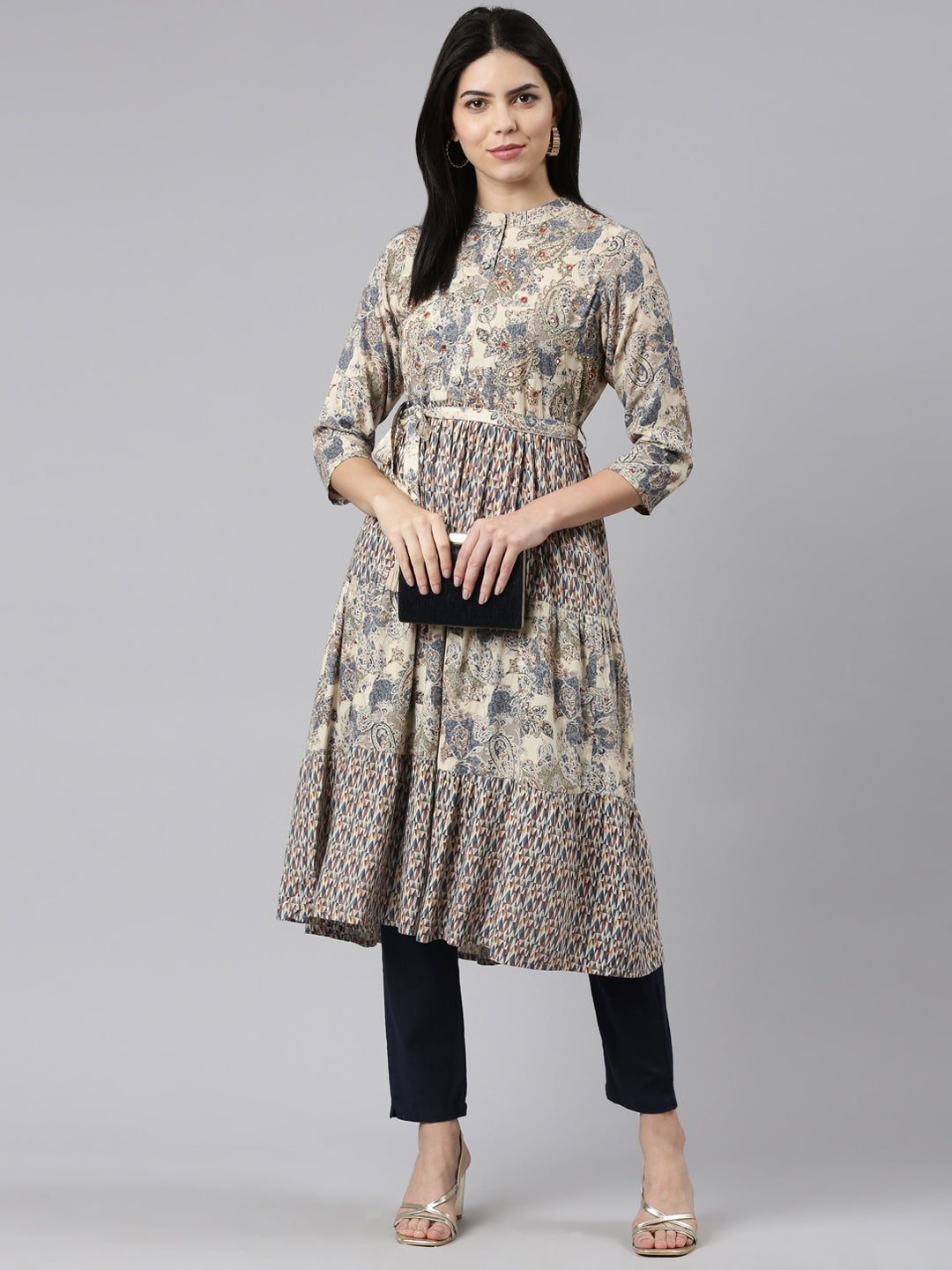 Neerus Blue Pleated Straight Printed Kurta