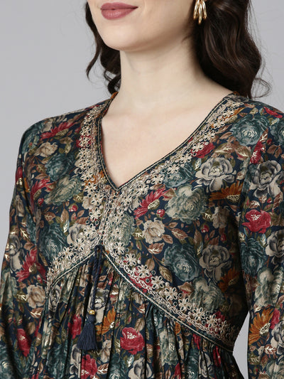 Neerus Green Pleated Straight Printed Kurta And Trousers With Dupatta