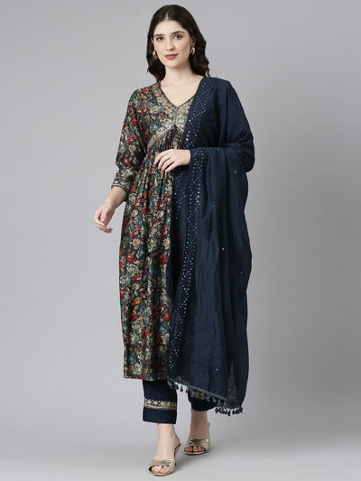 Neerus Green Pleated Straight Printed Kurta And Trousers With Dupatta