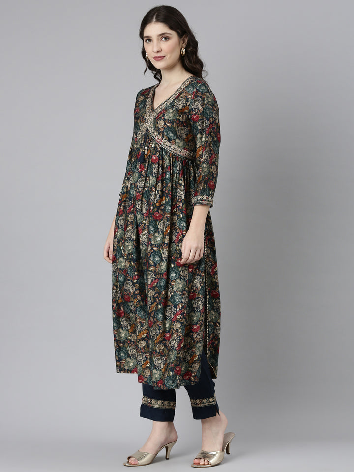 Neerus Green Pleated Straight Printed Readymade suits