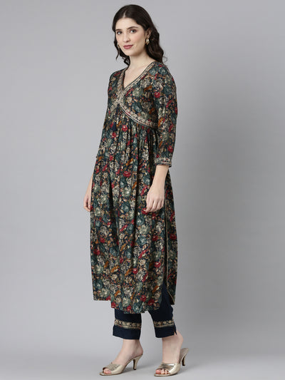 Neerus Green Pleated Straight Printed Kurta And Trousers With Dupatta