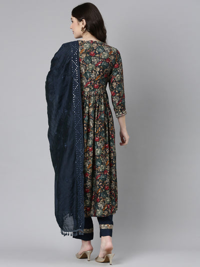 Neerus Green Pleated Straight Printed Kurta And Trousers With Dupatta