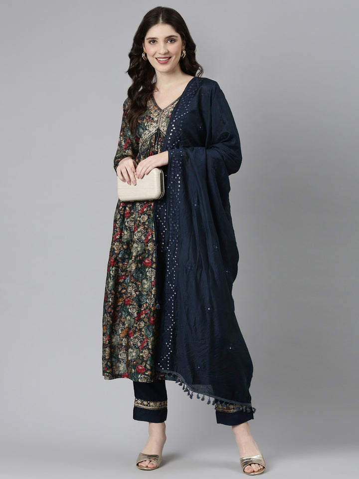 Neerus Green Pleated Straight Printed Readymade suits
