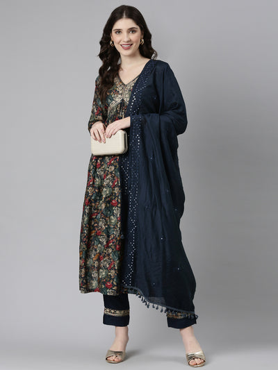 Neerus Green Pleated Straight Printed Kurta And Trousers With Dupatta