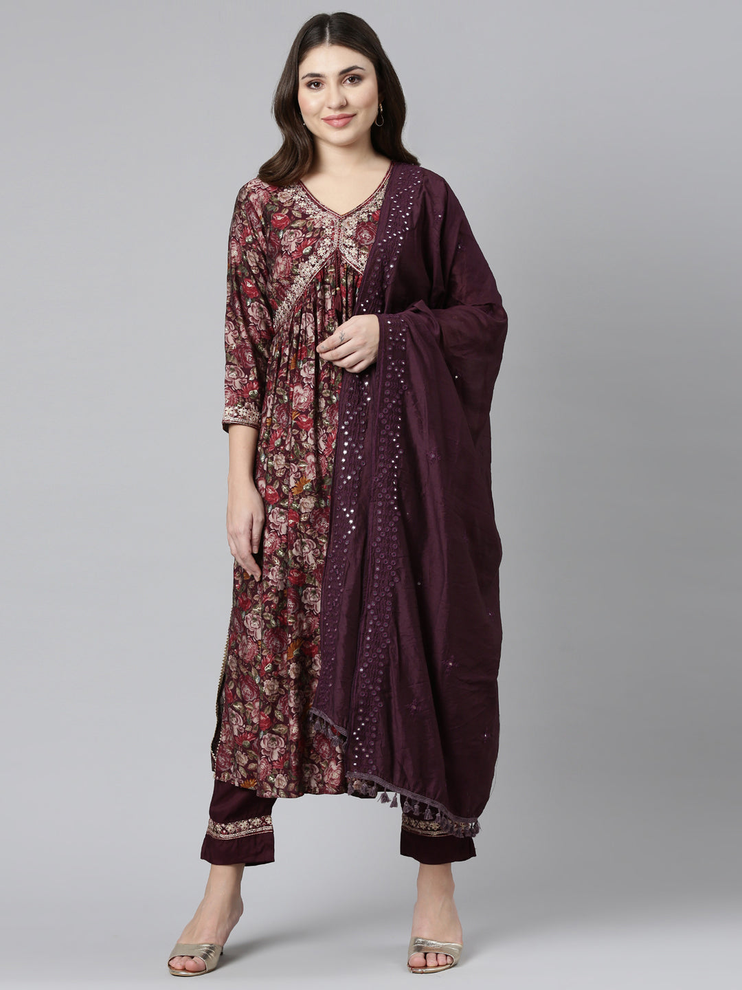 Neerus Purple printed straight kurta set with dupatta - front view