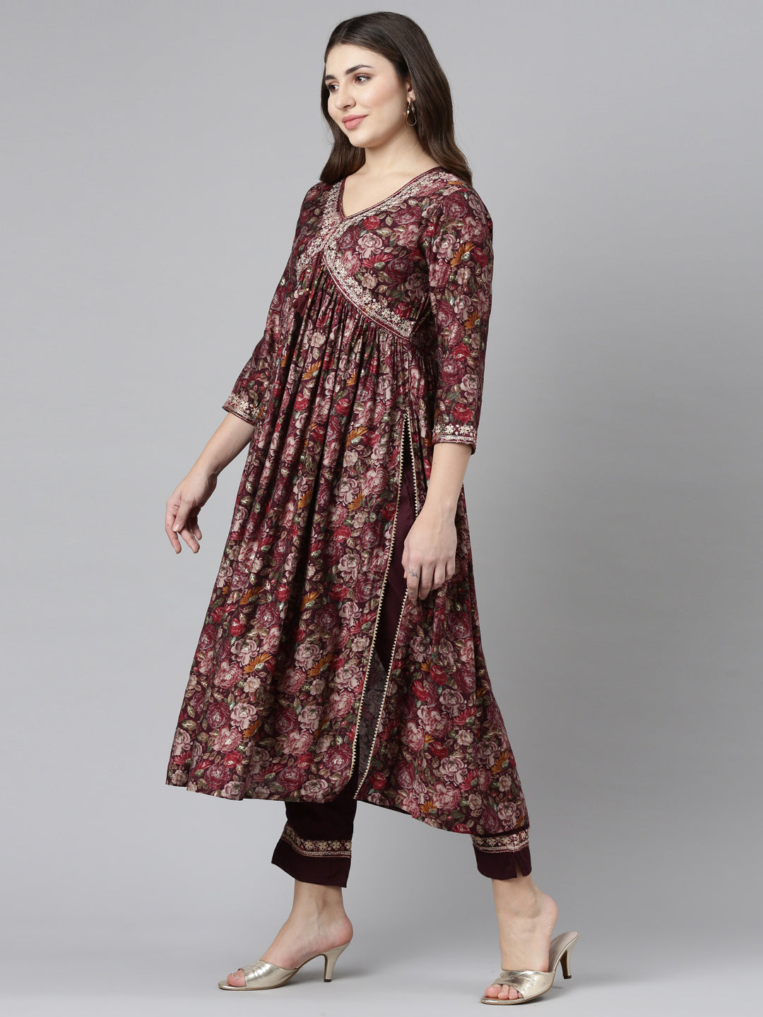 Neerus Purple printed straight kurta set with dupatta - back view