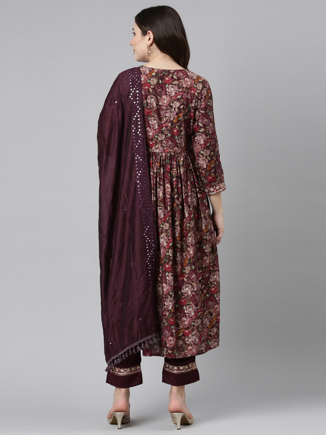 Neerus Purple printed straight kurta set with dupatta - side view