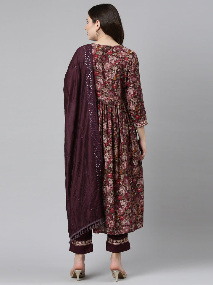 Neerus Purple printed straight kurta set with dupatta - side view