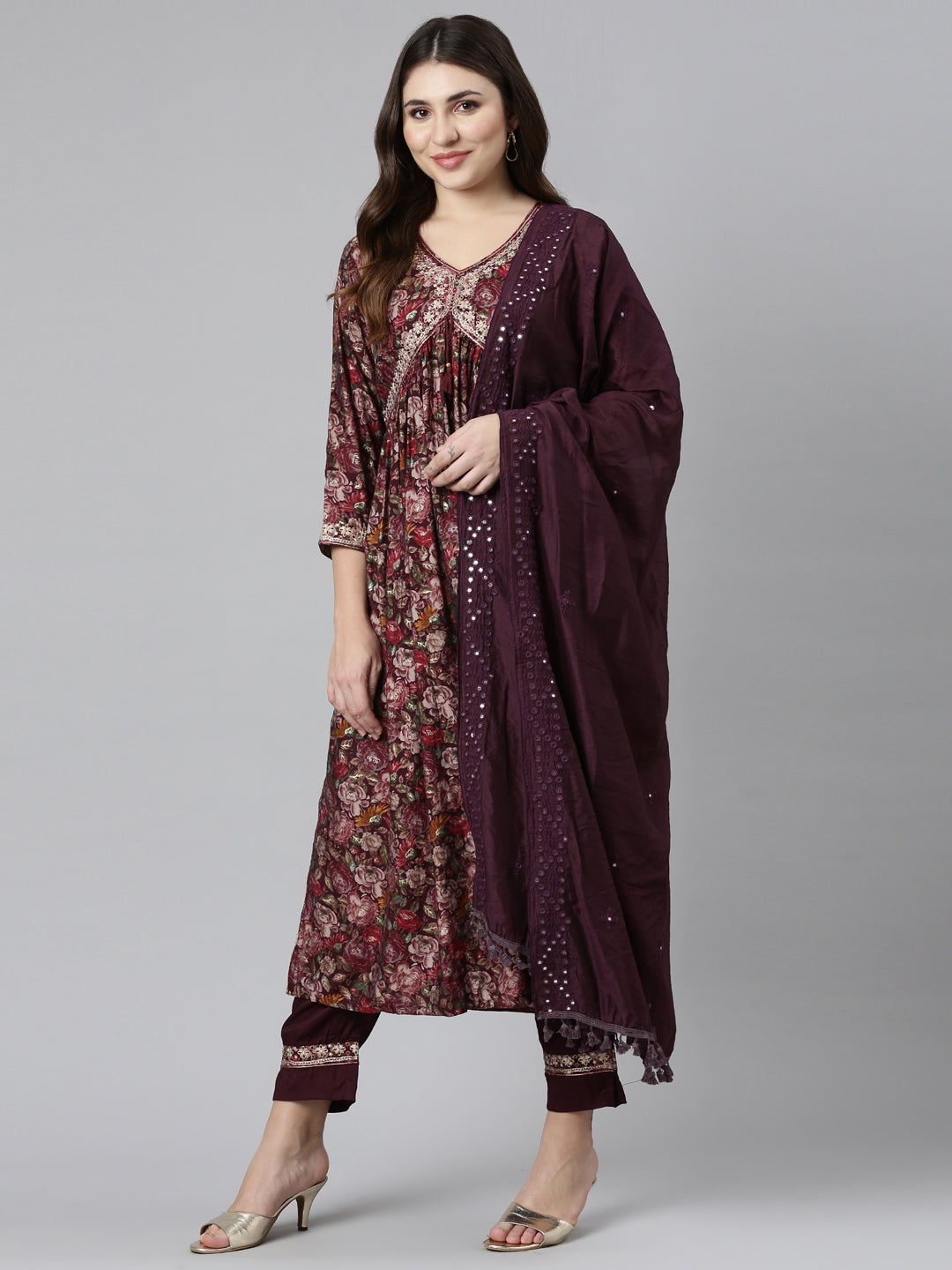 Neerus Purple printed straight kurta set with dupatta - detail view 2