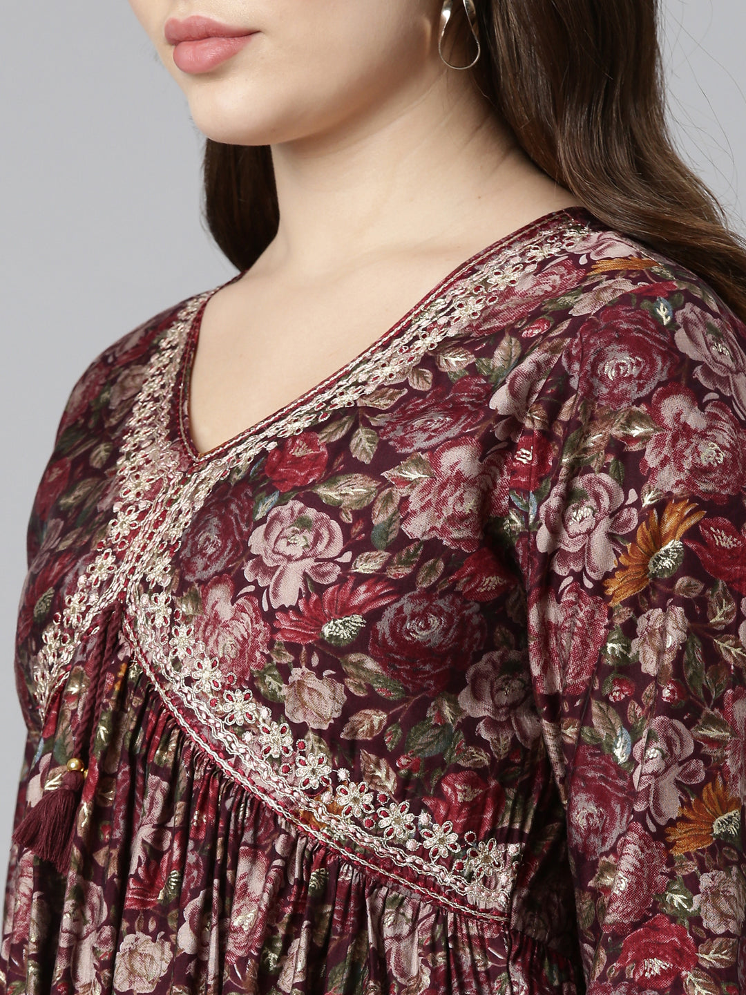 Neerus Purple printed straight kurta set with dupatta - detail view 1