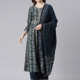 Neerus Blue Model Curved Casual Floral Kurta and Trouser with Dupatta
