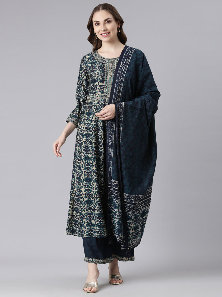 Neerus Blue Model Curved Casual Floral Kurta and Trouser with Dupatta