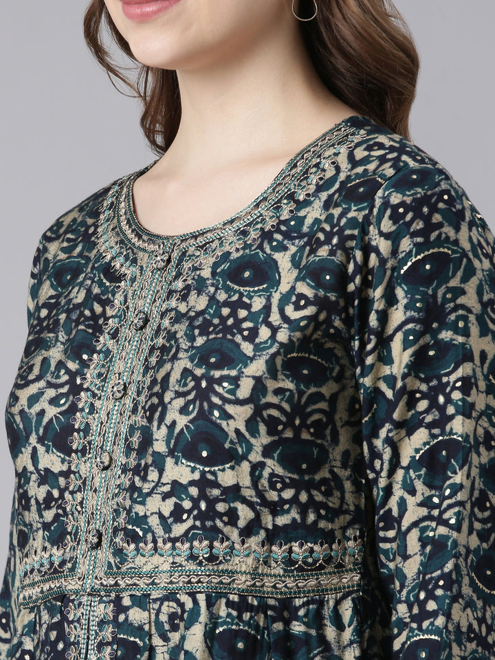 Neerus Blue Model Curved Casual Floral Kurta and Trouser with Dupatta