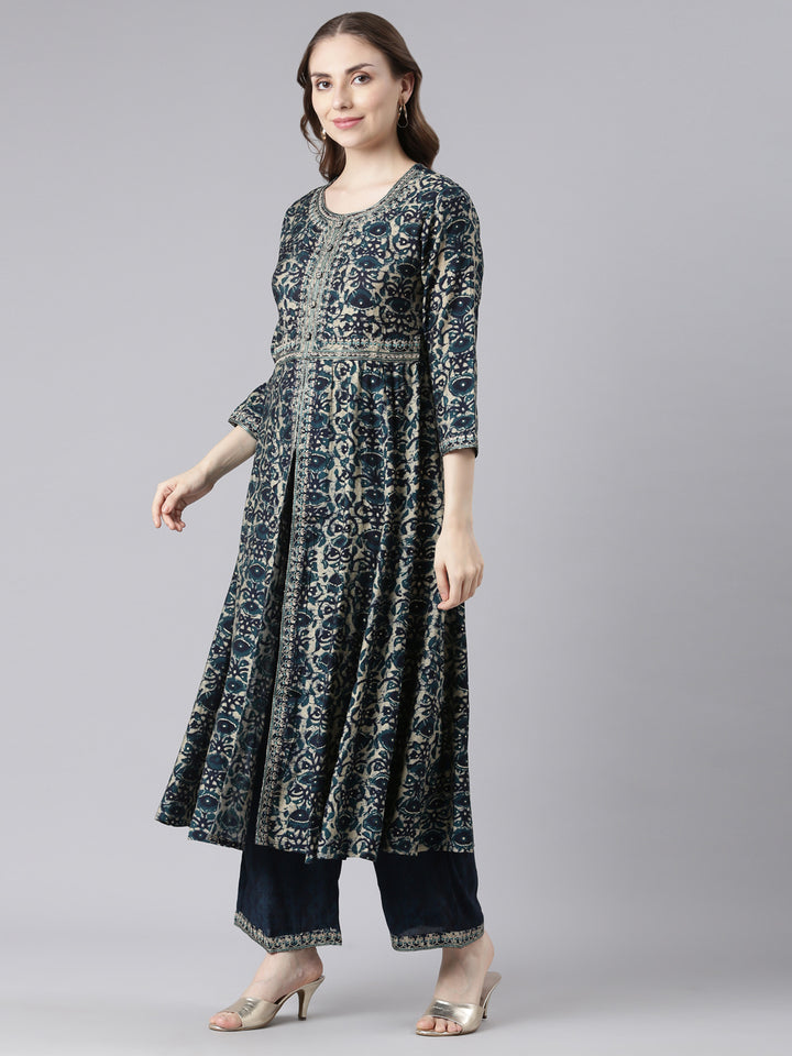 Neerus Blue Model Curved Casual Floral Kurta and Trouser with Dupatta