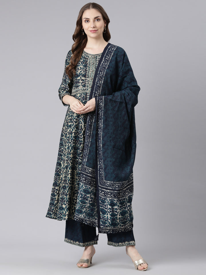 Neerus Blue Model Curved Casual Floral Kurta and Trouser with Dupatta