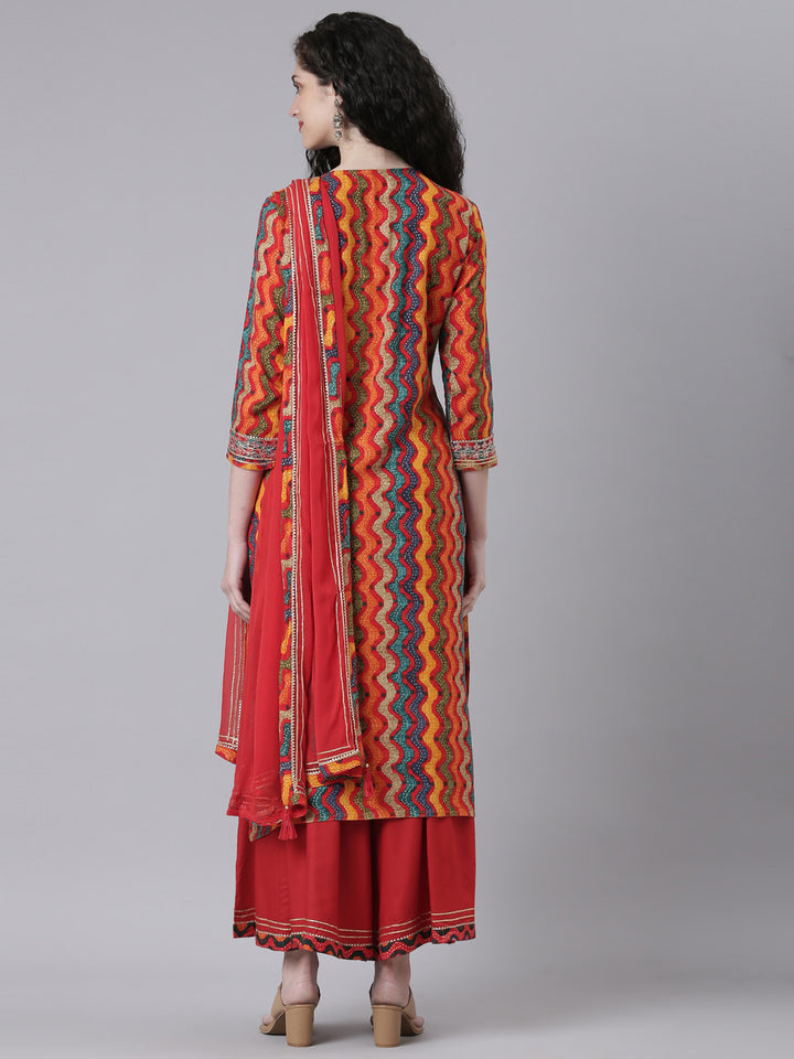 Neerus Multi Printed Straight Kurta and Palazzos With Dupatta