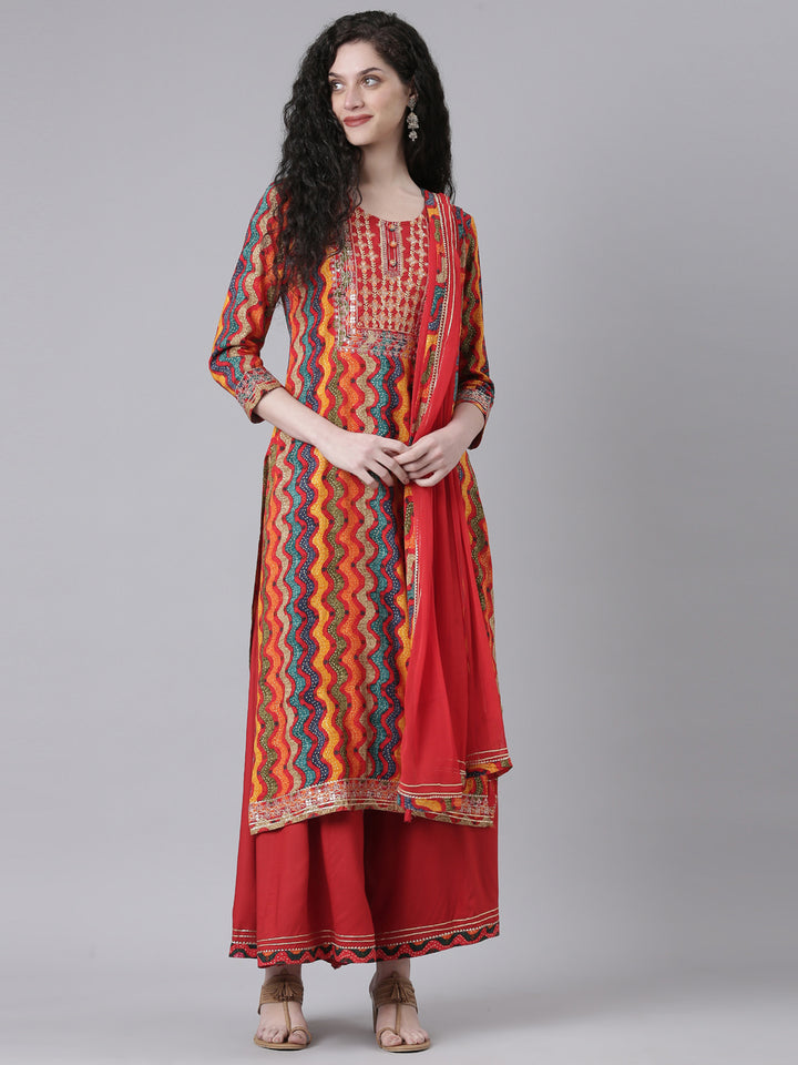 Neerus Multi Printed Straight Kurta and Palazzos With Dupatta