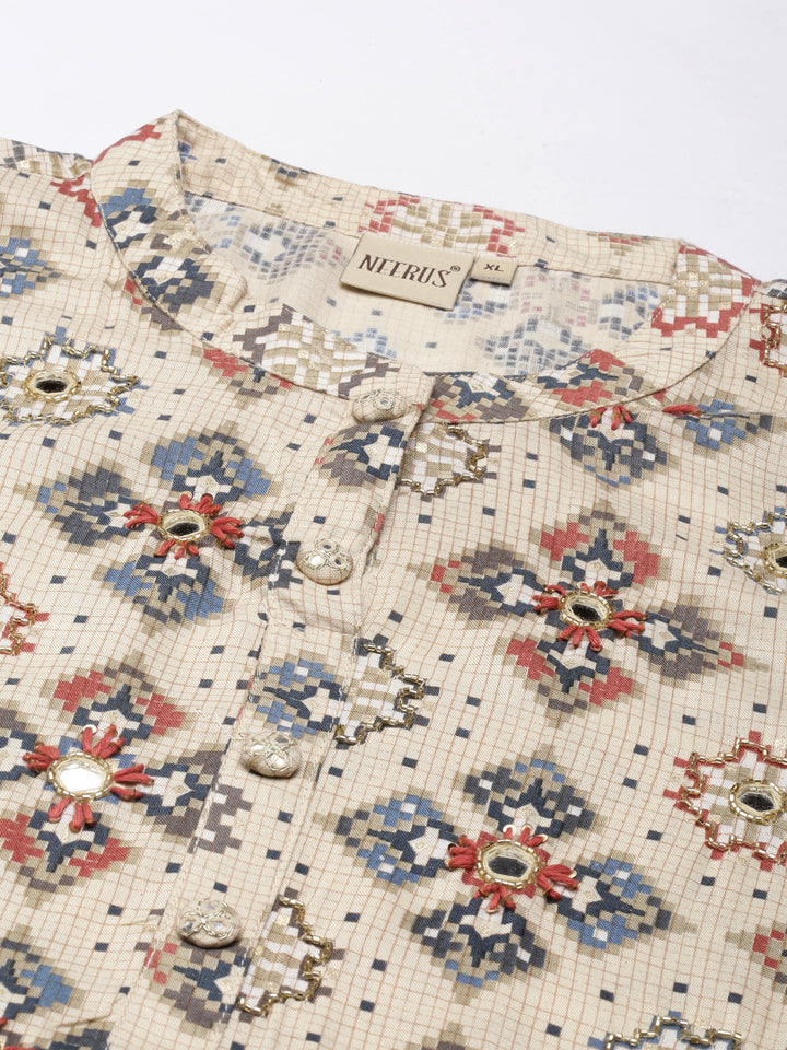 Neerus Cream Straight Casual Printed Maxi Dresses