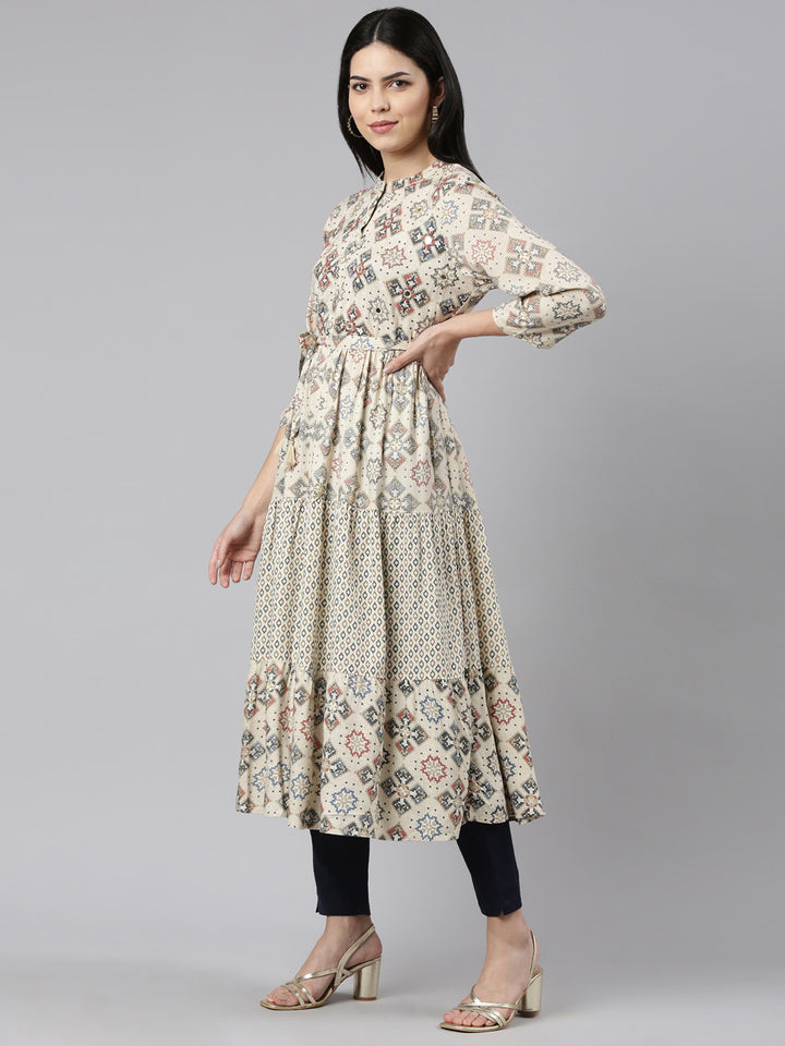 Neerus Cream Straight Casual Printed Maxi Dresses