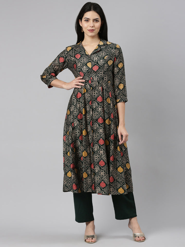 Neerus Green printed straight kurta set with trousers - front view