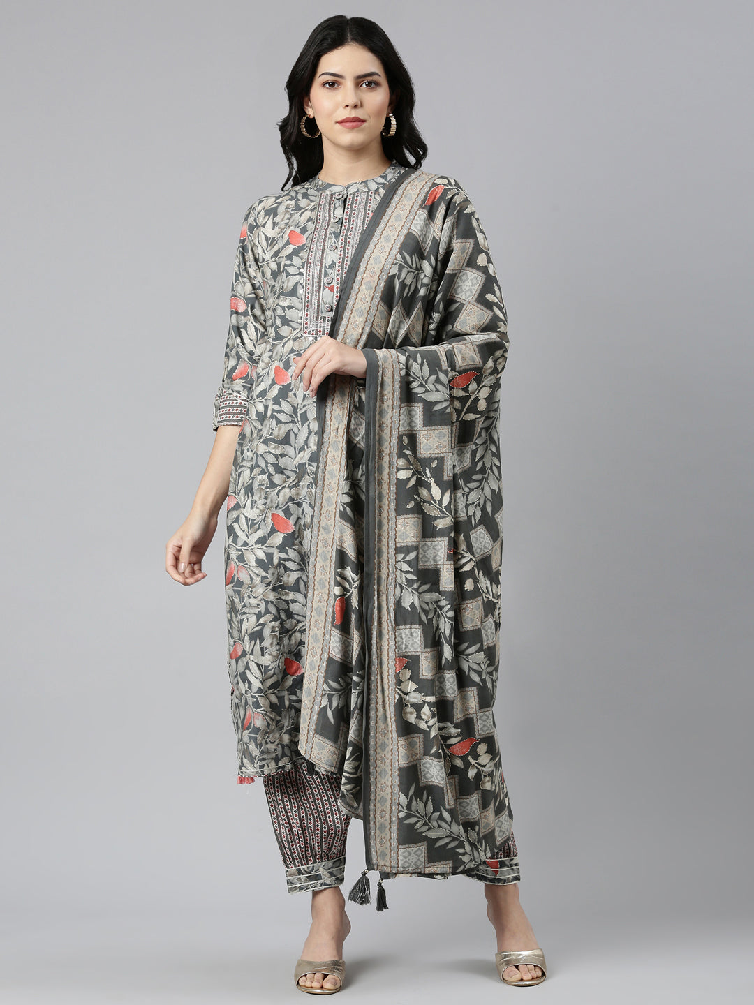 Neerus Grey printed straight kurta set with dupatta - front view