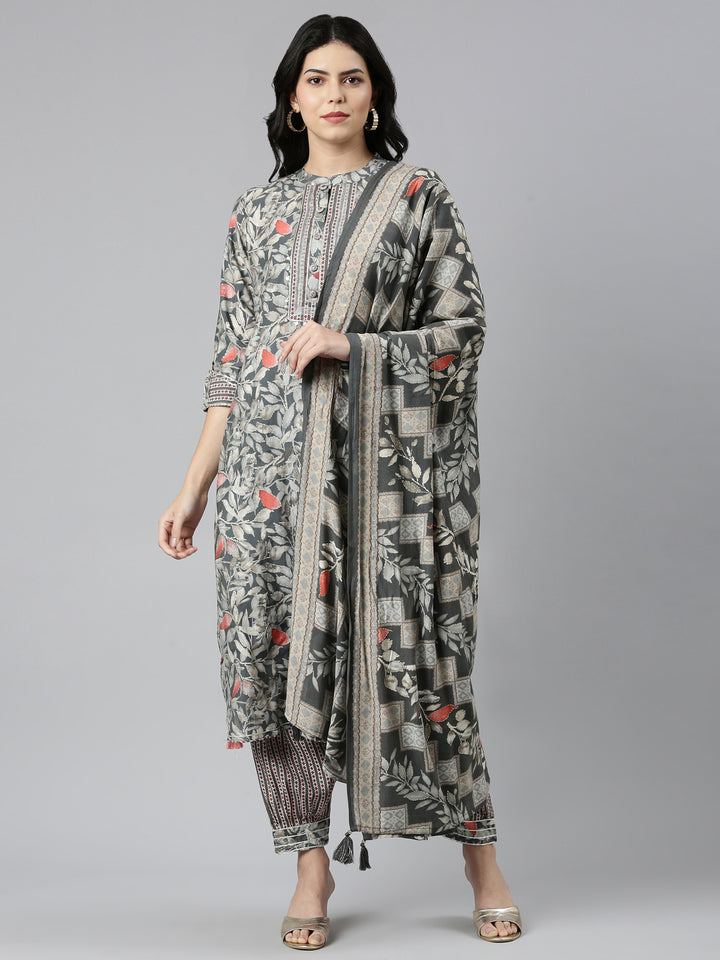 Neerus Grey printed straight kurta set with dupatta - front view