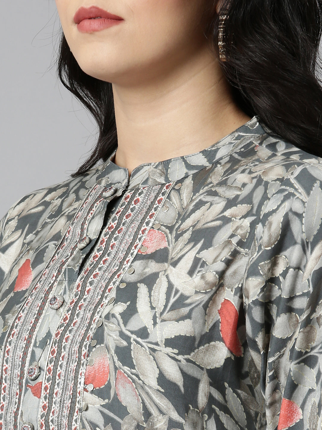 Neerus Grey printed straight kurta set with dupatta - detail view 1