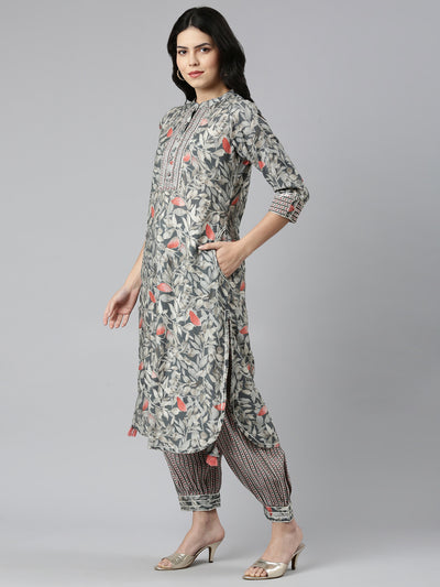Neeru's Grey Regular Straight Printed Kurta And Salwar With Dupatta