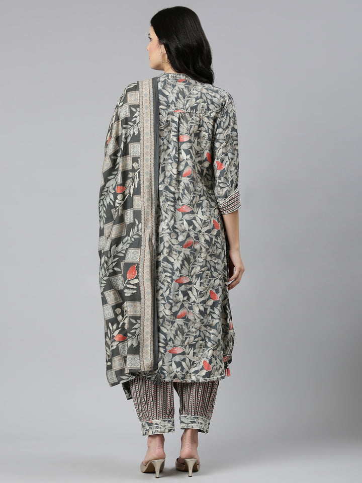 Neerus Grey printed straight kurta set with dupatta - side view