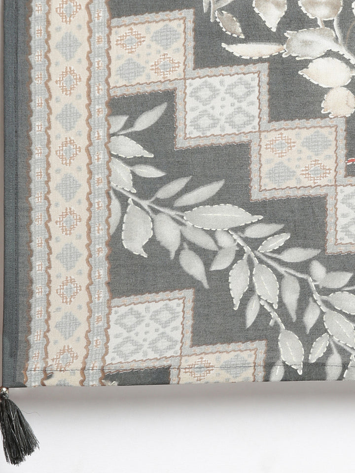 Neerus Grey printed straight kurta set with dupatta - detail view 4