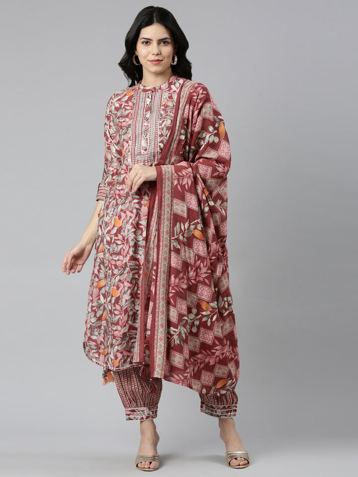 Neerus Pink printed straight kurta set - front view