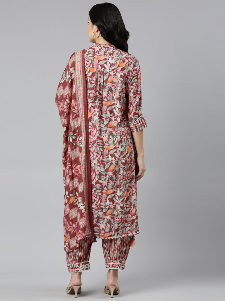 Neerus Pink printed straight kurta set - detail view 1