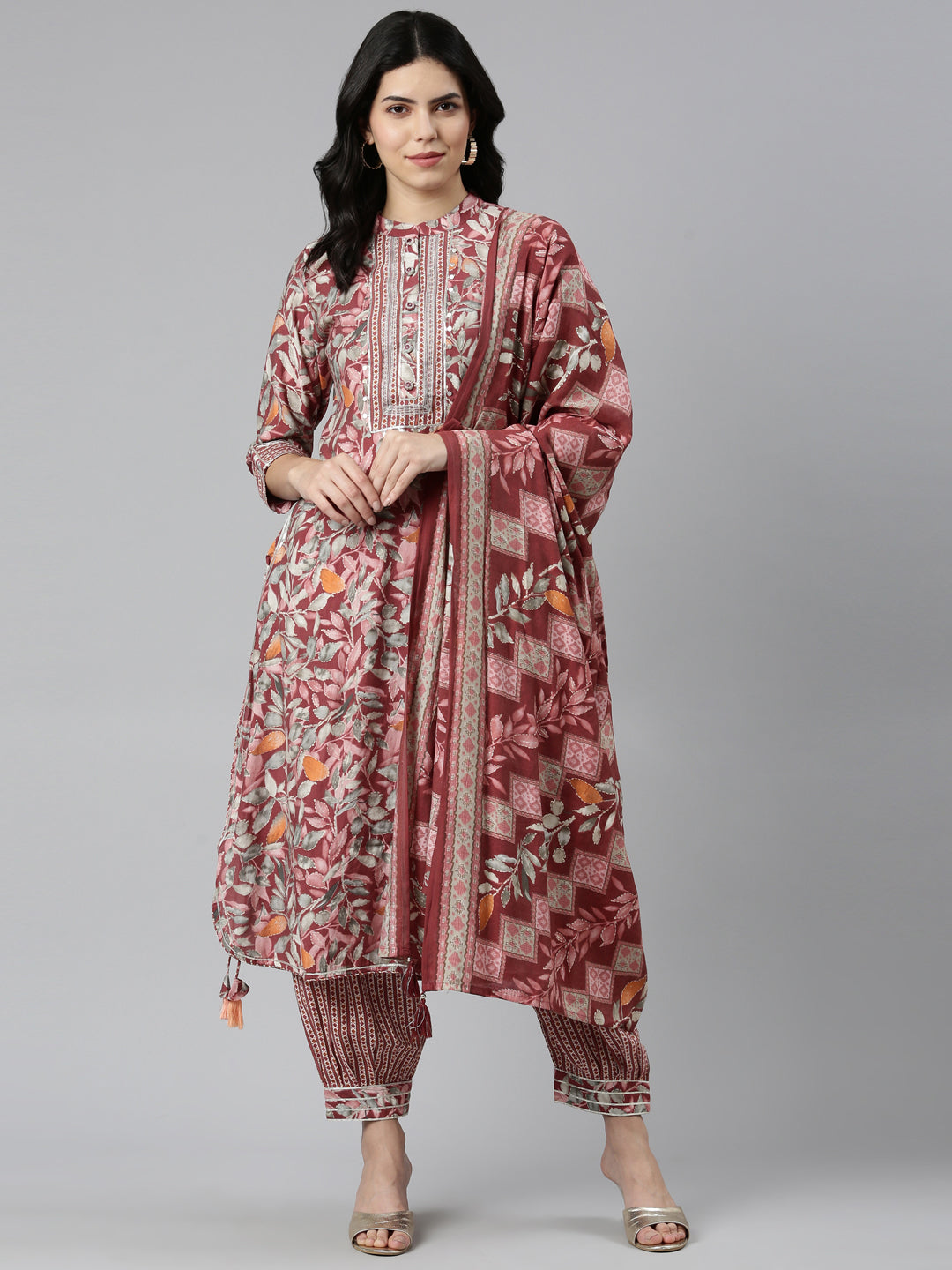 Neeru's Pink Regular Straight Printed Kurta And Salwar With Dupatta