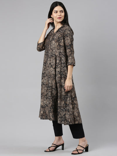 Neerus Black Regular Straight Printed Kurta And Trousers