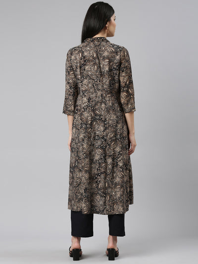 Neerus Black Regular Straight Printed Kurta And Trousers