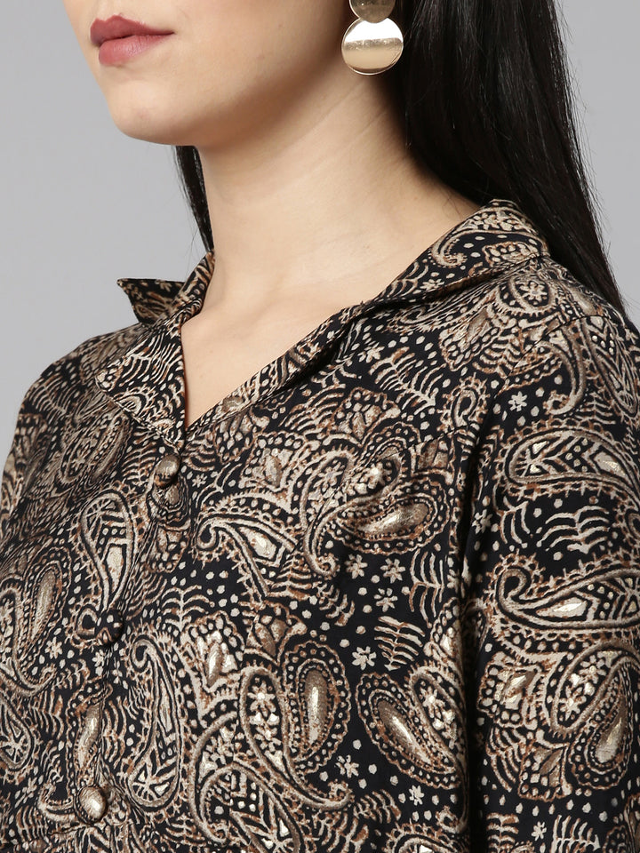 Neerus Black printed straight kurta set with trousers - detail view 1
