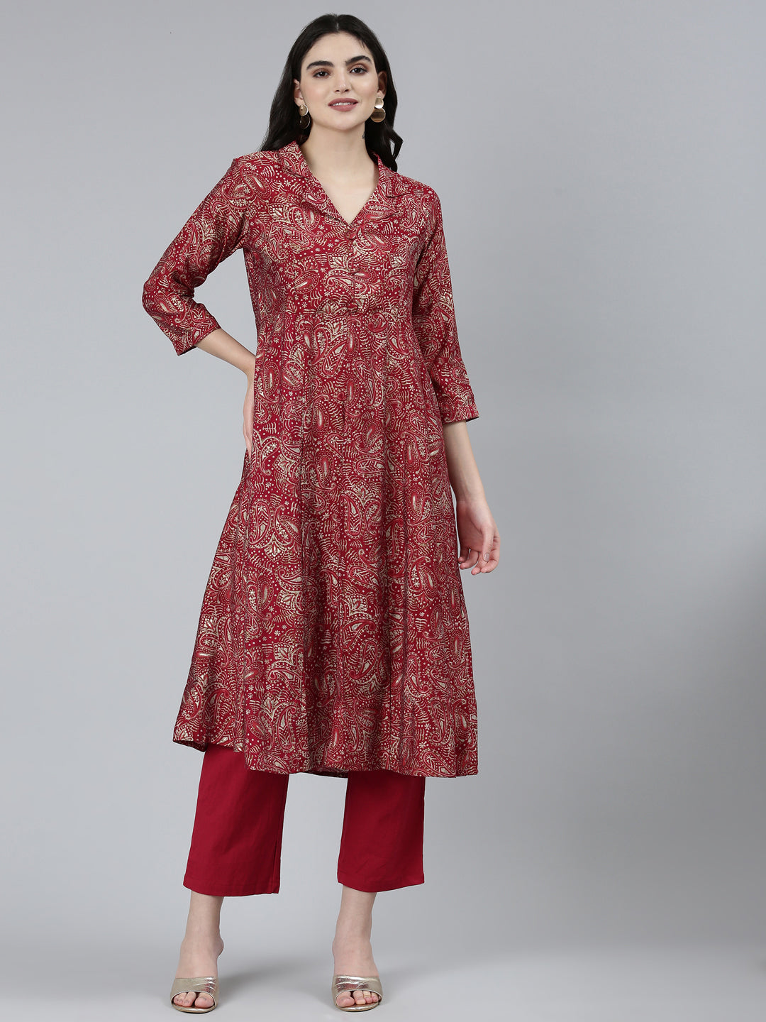 Neerus Maroon printed paisley kurta set with trouser - front view